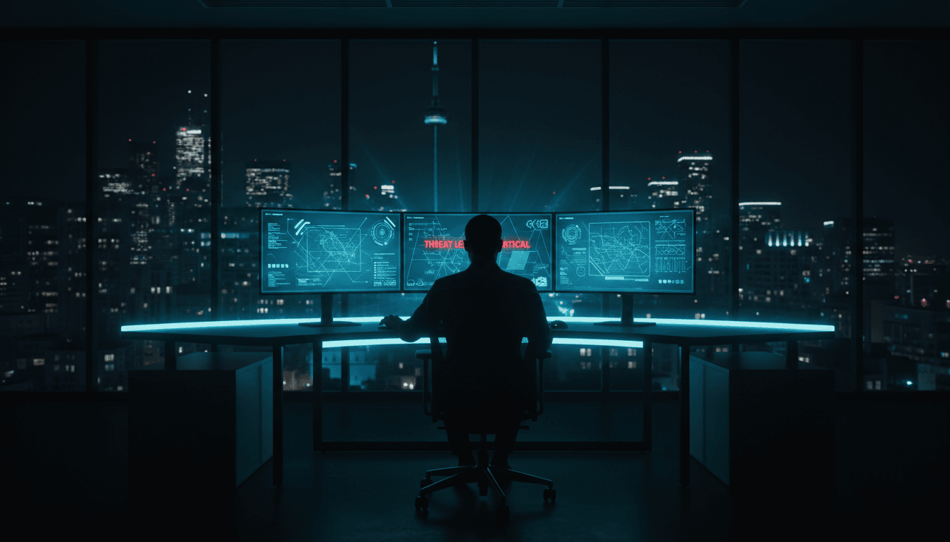 Cybersecurity analyst monitoring network screens in a dark operations room with Toronto skyline visible