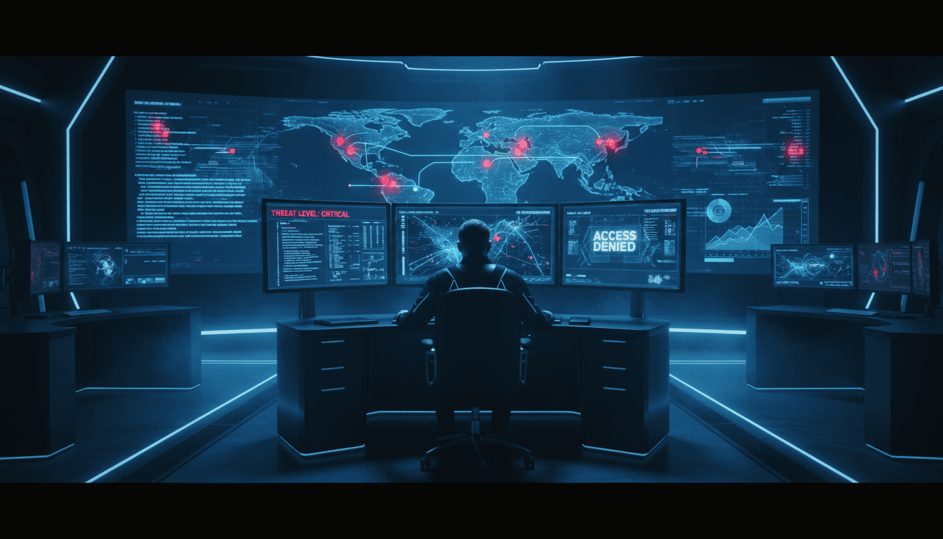 Security analyst monitoring network activity on multiple screens in a dark operations center