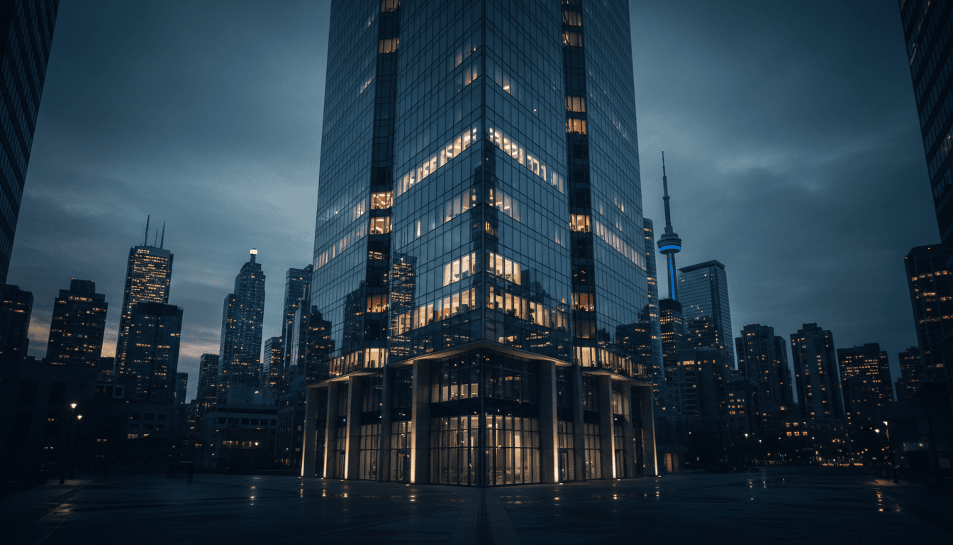 Dark, dramatic view of Toronto office towers at dusk