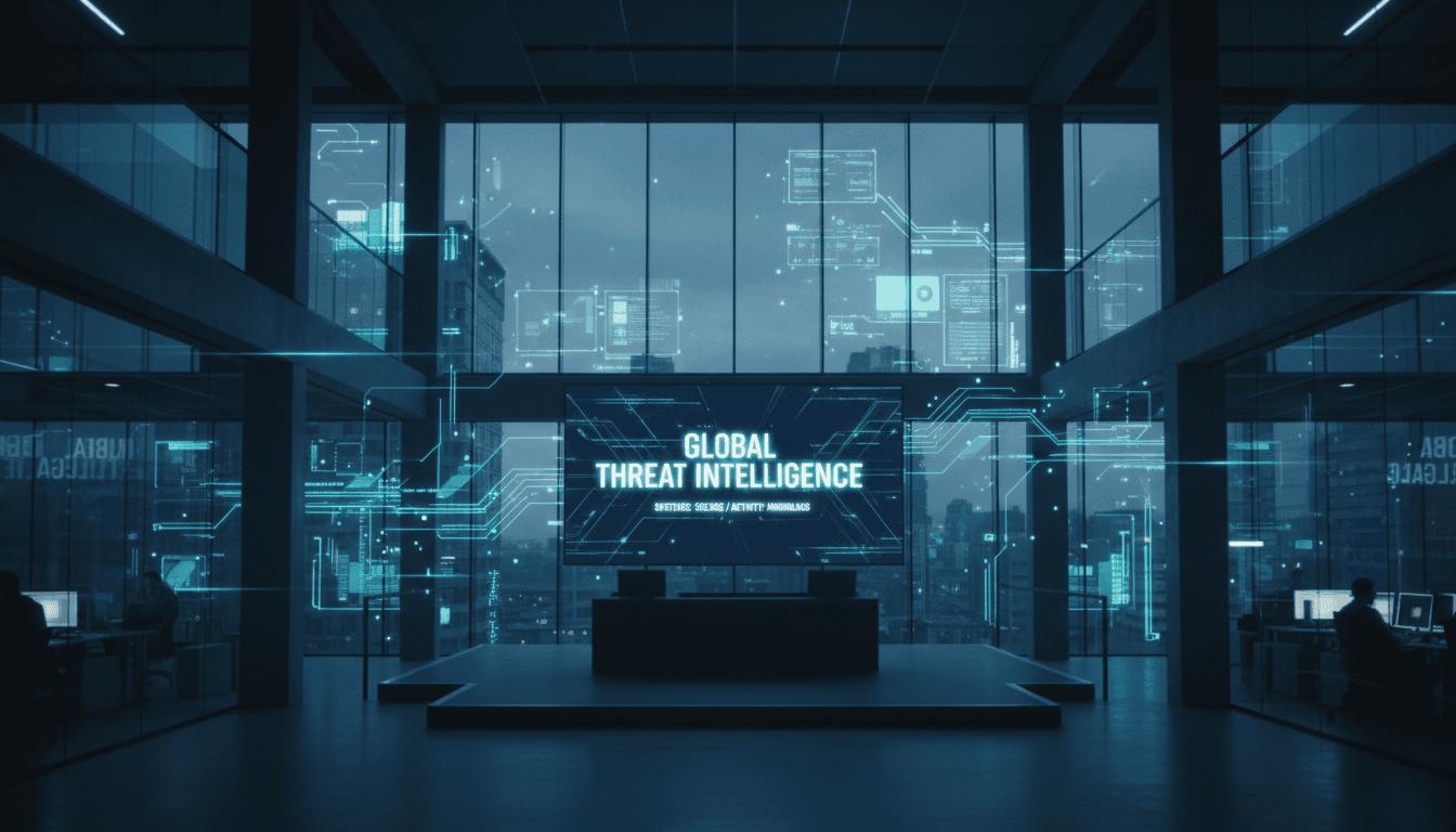 Modern office building at dusk in downtown Toronto with blue digital network overlays