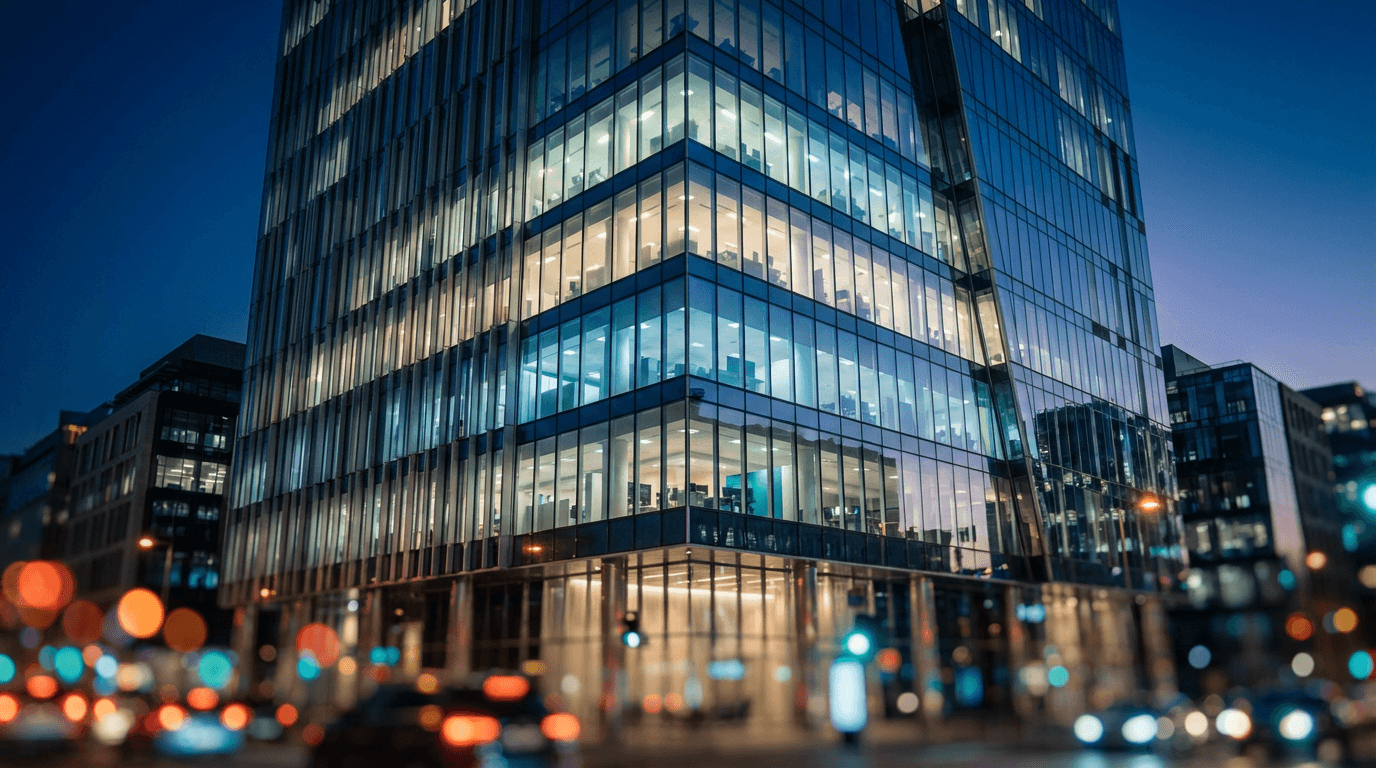 Modern Toronto office building interior at dusk with dark professional tones