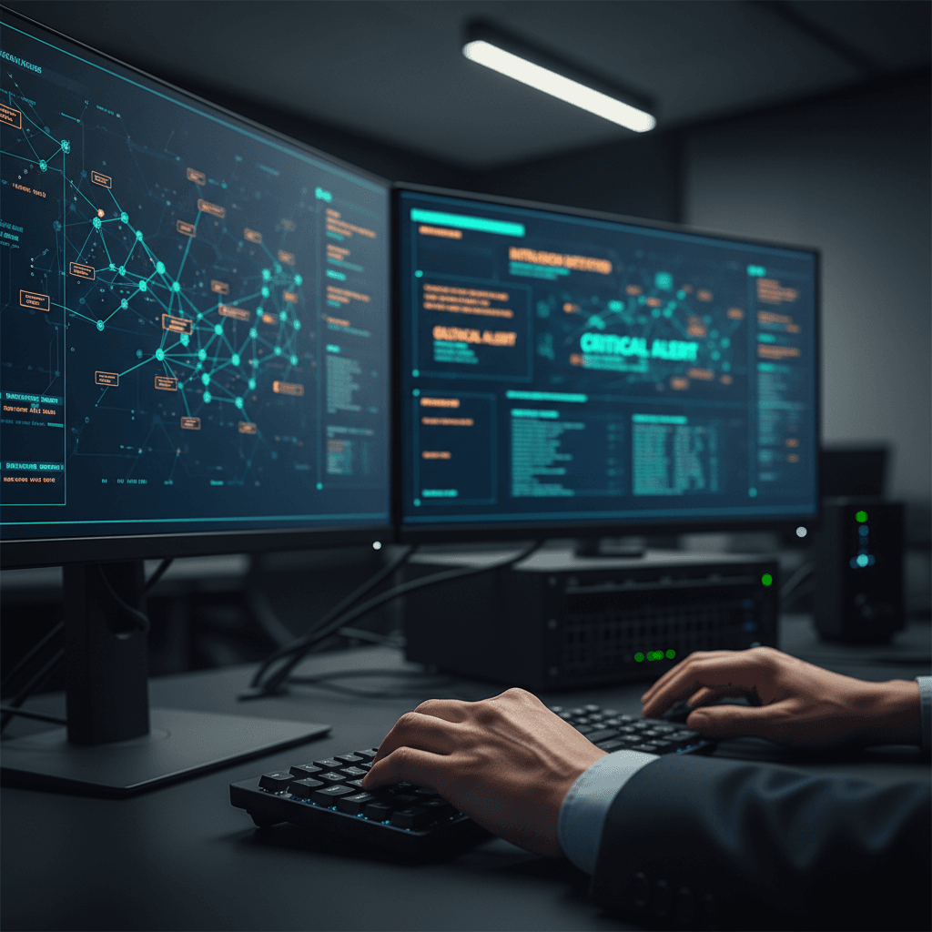 Cybersecurity analyst monitoring network activity on multiple screens in a Toronto office