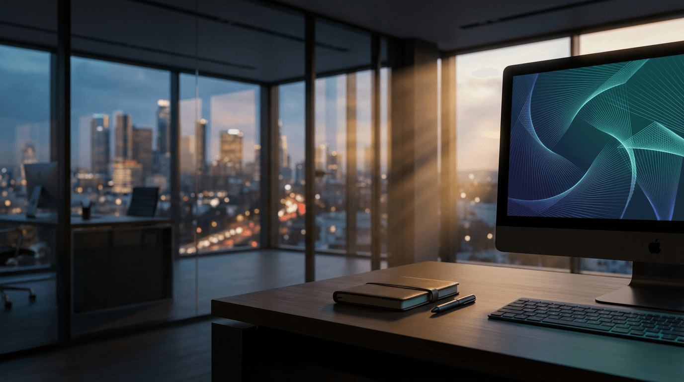 Monitor with blurred security dashboard in a dark Toronto office at dusk
