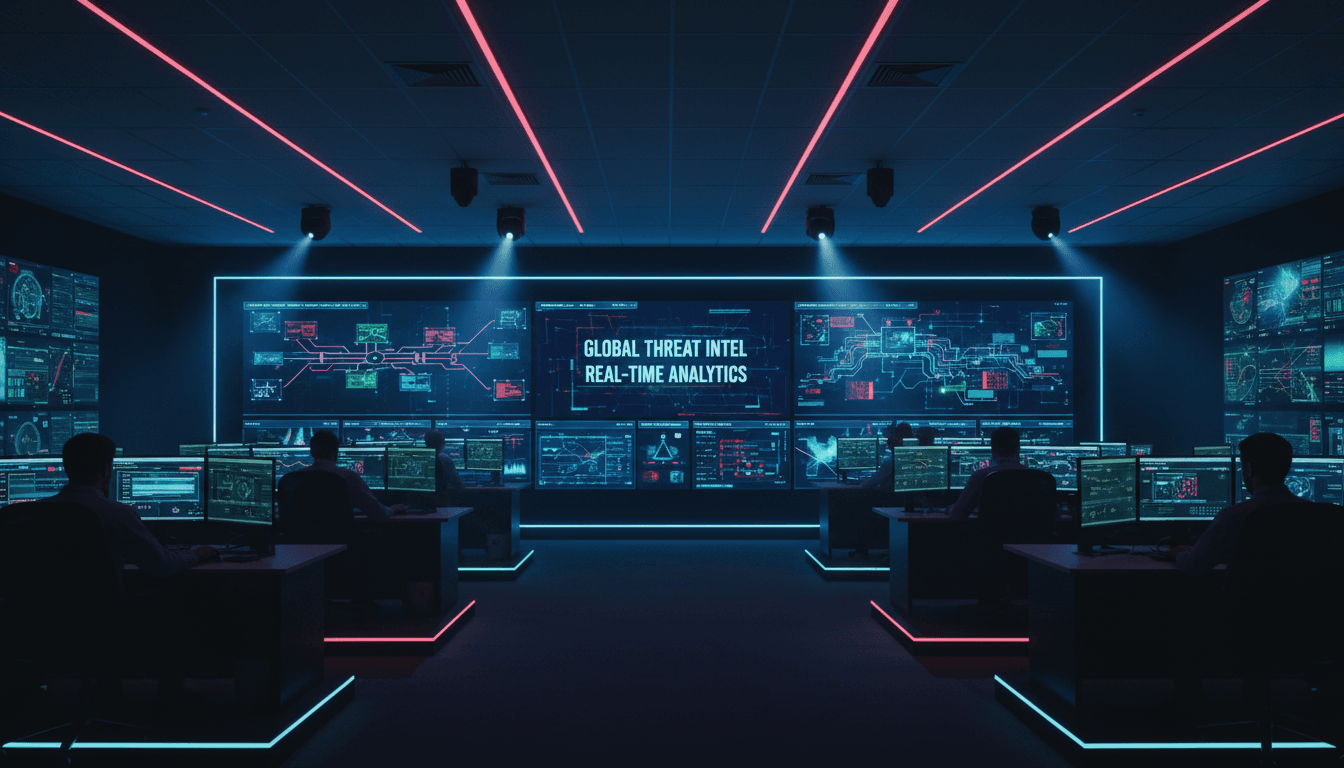 Dark operations center with wall of monitors showing data streams