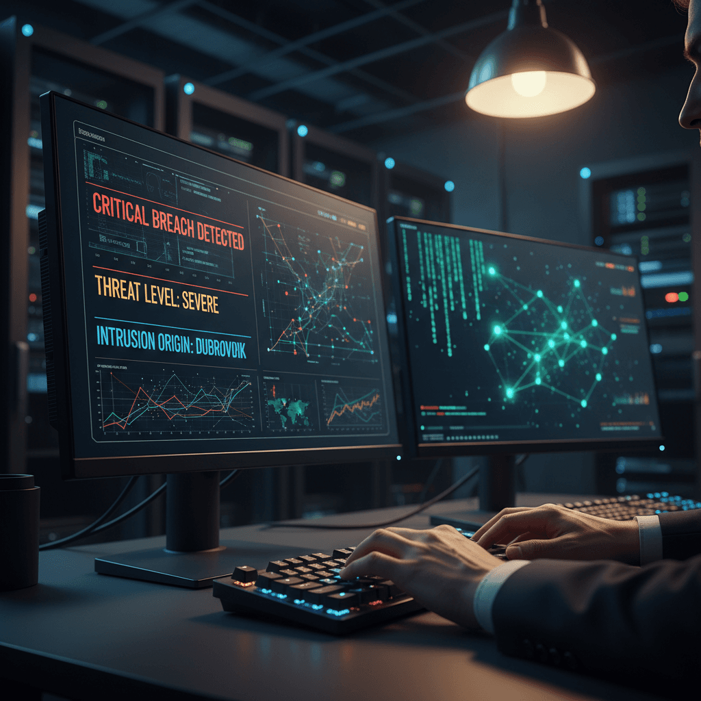 Network operations center monitoring dashboard with abstract data visualizations on large screens